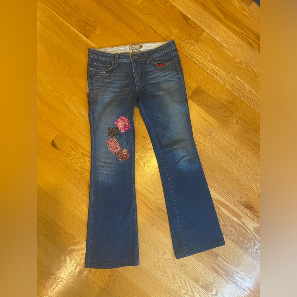 PAIGE Dark Blue Boot Cut Jeans with Decorative Patches